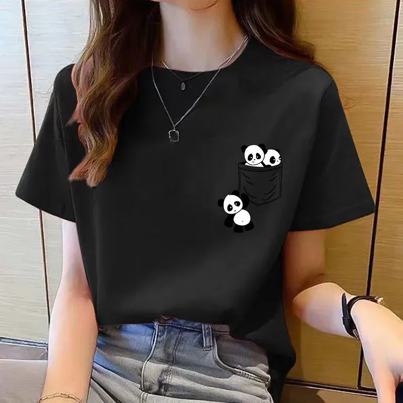 Ženy s krátkym rukávom tričko Top leto leto nová panda karikatúra tlačená tričko s krátkym rukávom Módne vrcholy