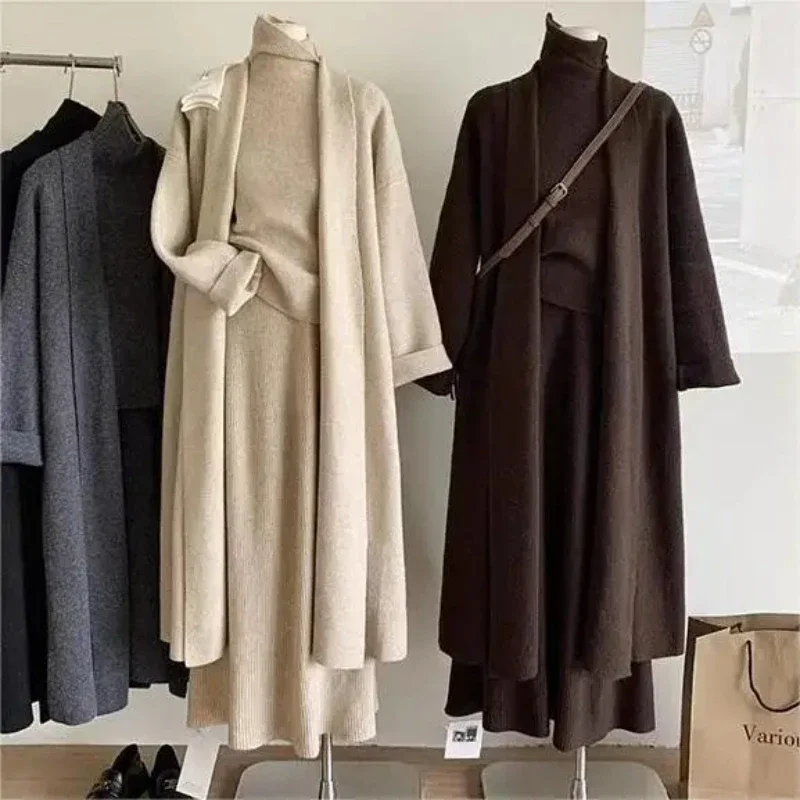 Ženy s tromi kusmi Dlhé pletené kabáty +korytnačka Vest +sukňa sukne Kórejský jesenný zimný háčkovací háčkovaný 3 -kusový set