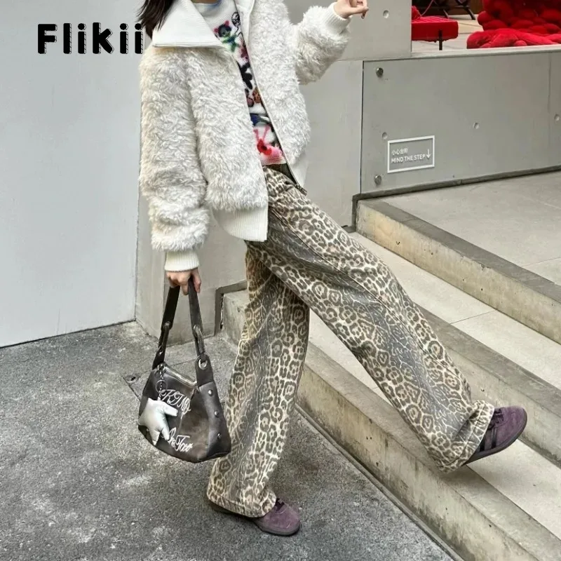 Ženy s vysokým pásom rovný leopard džungle džínsy harajuku hviezdne dievčenské nohavice y2k 90. ​​štýl ženská široká noha džínsová nohavice streetwear