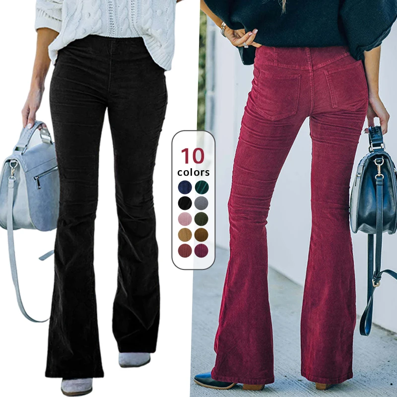Ženy s vysokým pásom rozšírené nohavice Vintage elegantné zamatové nohavice estetické sexy chudé nohavice Lady Corduroy Elastické pásy