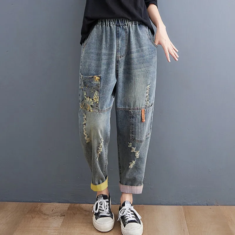 Ženy s členkovou dĺžkou Príležitostné džínsy Nové 2021 Jeseň Street Style Vintage Print Loose Femate Female Woman High Pans Denim Pants B847