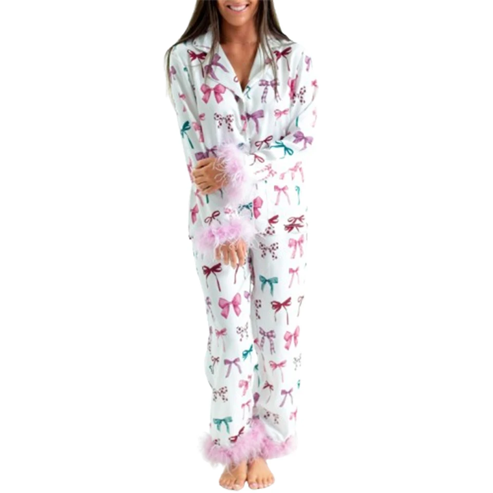 Ženy Santa potlač klopný krk s dlhým rukávom Tops Dlhé nohavice Loungewear plyšový výrez outfit vianočné pyžamy set