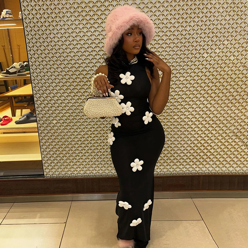 Ženy sexy elegantné 3D kvetiny čierne šaty jeden kus backless Holiday maxi šaty 2024 letné streetwear club Vestidos