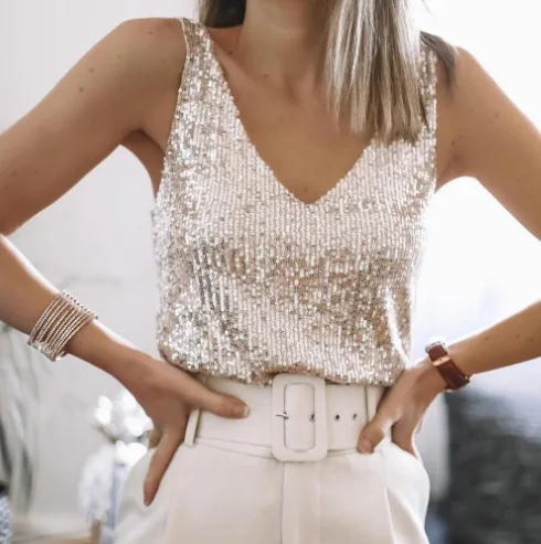 Ženy Sexy hlboké košele s krkom V letné elegantné elegantné rukávy bez rukávov pullover Tops Módne lesklé flitry voľné blúzky blusa blusa