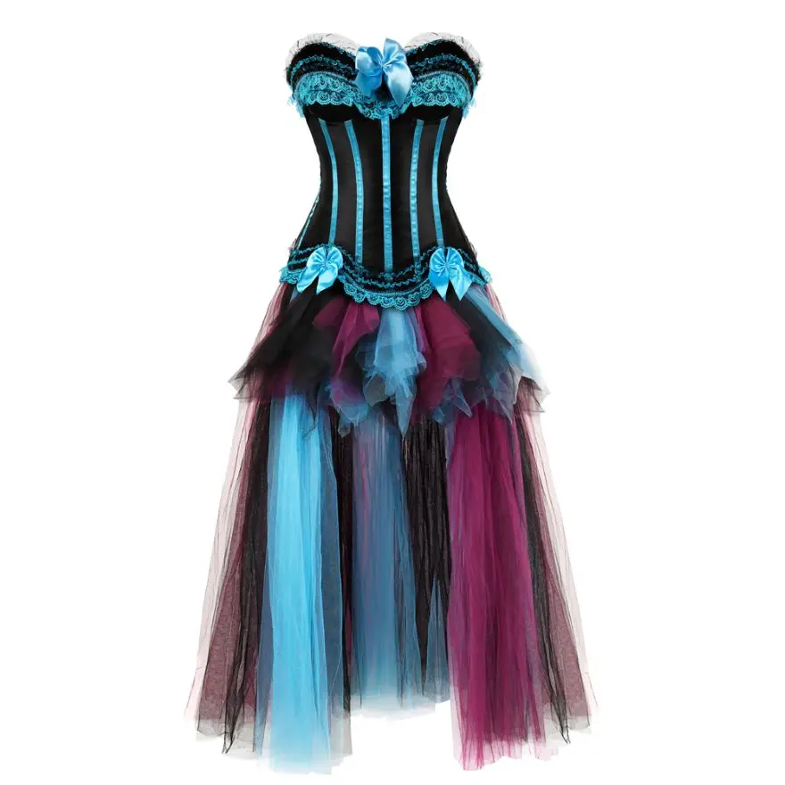 Ženy Sexy korzetové šaty vintage saténové čipky korzet bustier spodná bielizeň top s burleque multicolor Tull Long sukňa plus veľkosť