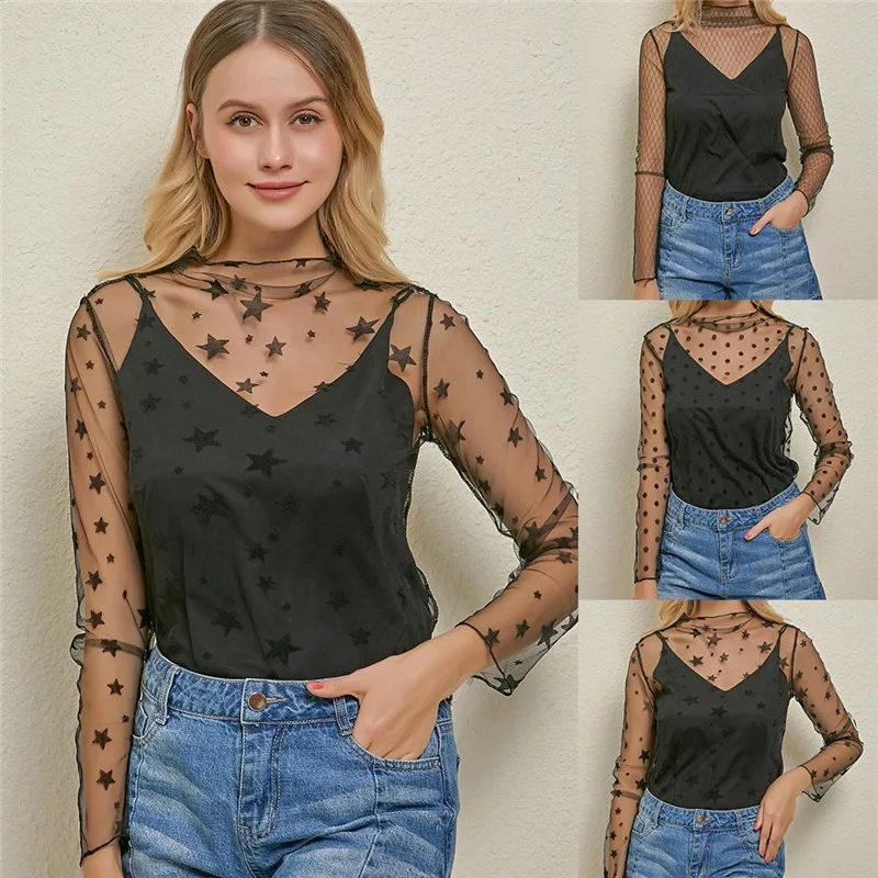 Ženy Sexy košeľa pletivo Pozrite sa cez elegantné košele nové priehľadné blúzka Móda vynikajúce Blusas pentagram bodky
