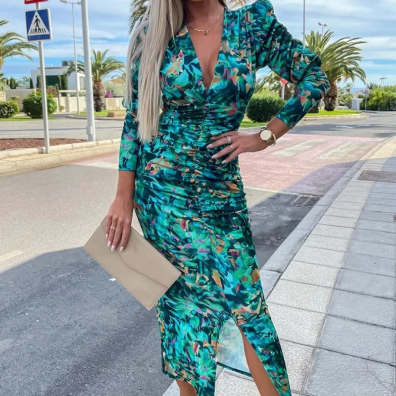 Ženy Sexy kvetinová tlač Bohemian dlhé šaty jarné hlboké V-krk štíhle šaty Bodycon Party Autumn Puff Ruckve predné štrbiny maxi šaty