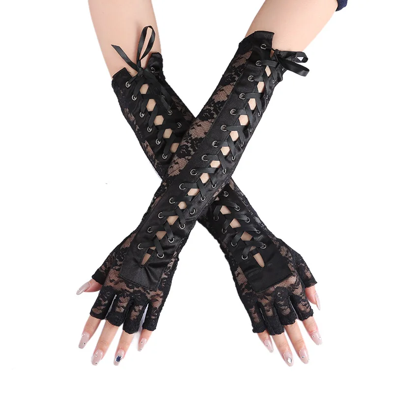 Ženy Sexy kvetinové čipky lakťové dĺžky rukavice s polovičným prstom Čierny šnúrku Ribbon zviazanie tanečných párty bez prstov rybárskych rukavíc
