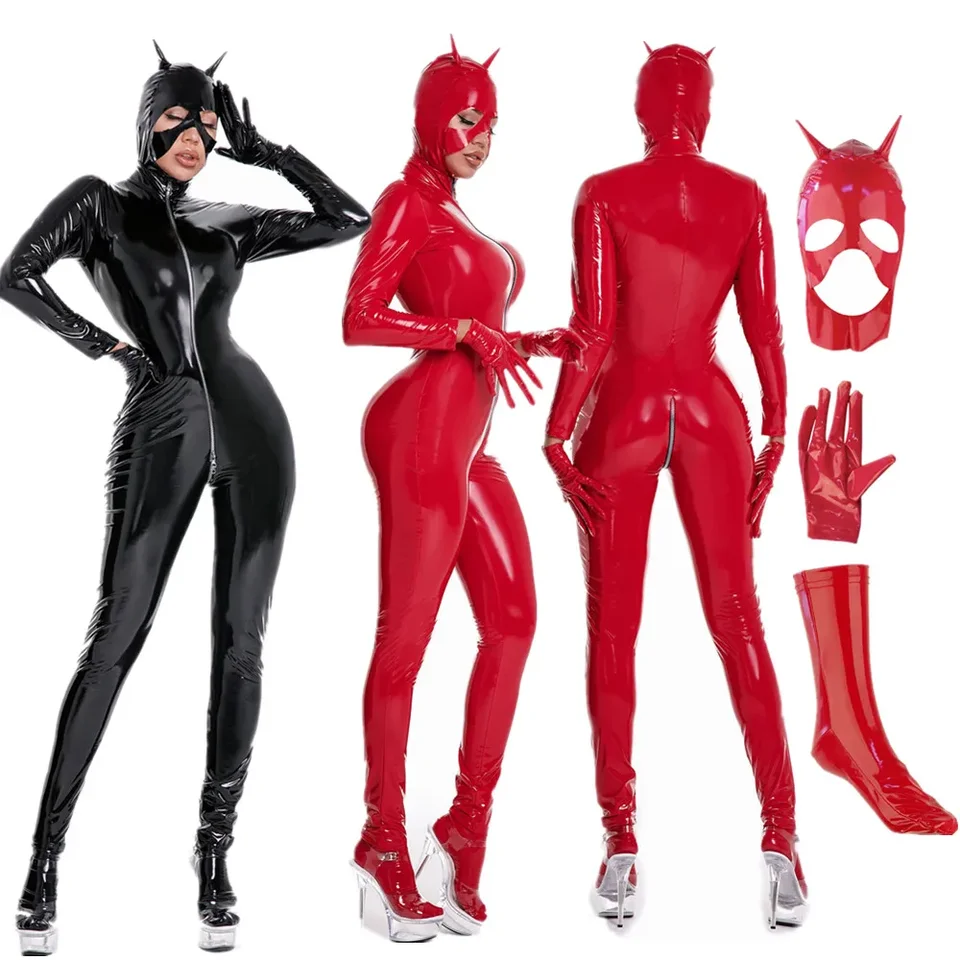 Ženy sexy lesklé faux kožené kombinézy oblek s dlhým rukávom zips Otvorené rozkrok Wetlook Latex Catsuit Clubwear červená čierna