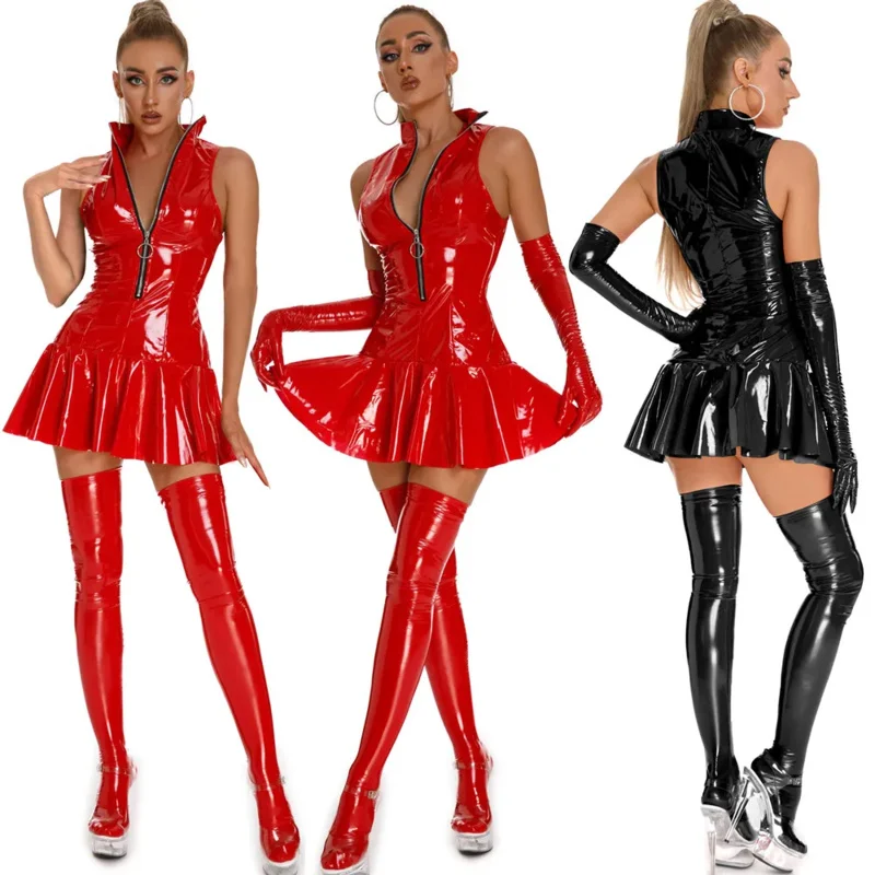 Ženy Sexy lesklé kožené šmykľavky Lady erotické tvarovanie Krátke šaty zips hardcore exponované latexové mini šaty