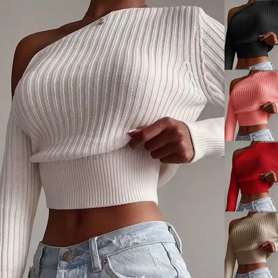 Ženy sexy mimo ramenného svetru móda Móda Móda s dlhým rukávom rebrované pletené pulóverové zimné jumper ležérne vrcholy módne 2021