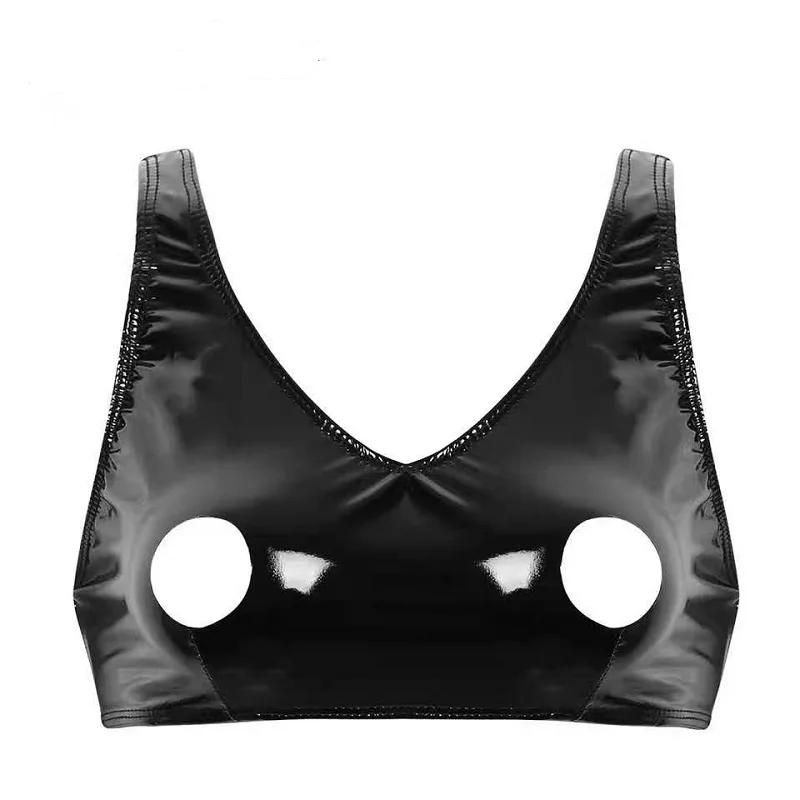 Ženy sexy mokré kožené kožené camisole erotické horúce porno bradavka exponovaná lesklá latexová podprsenka špagety popruhy kožené plodiny Tops lesklé
