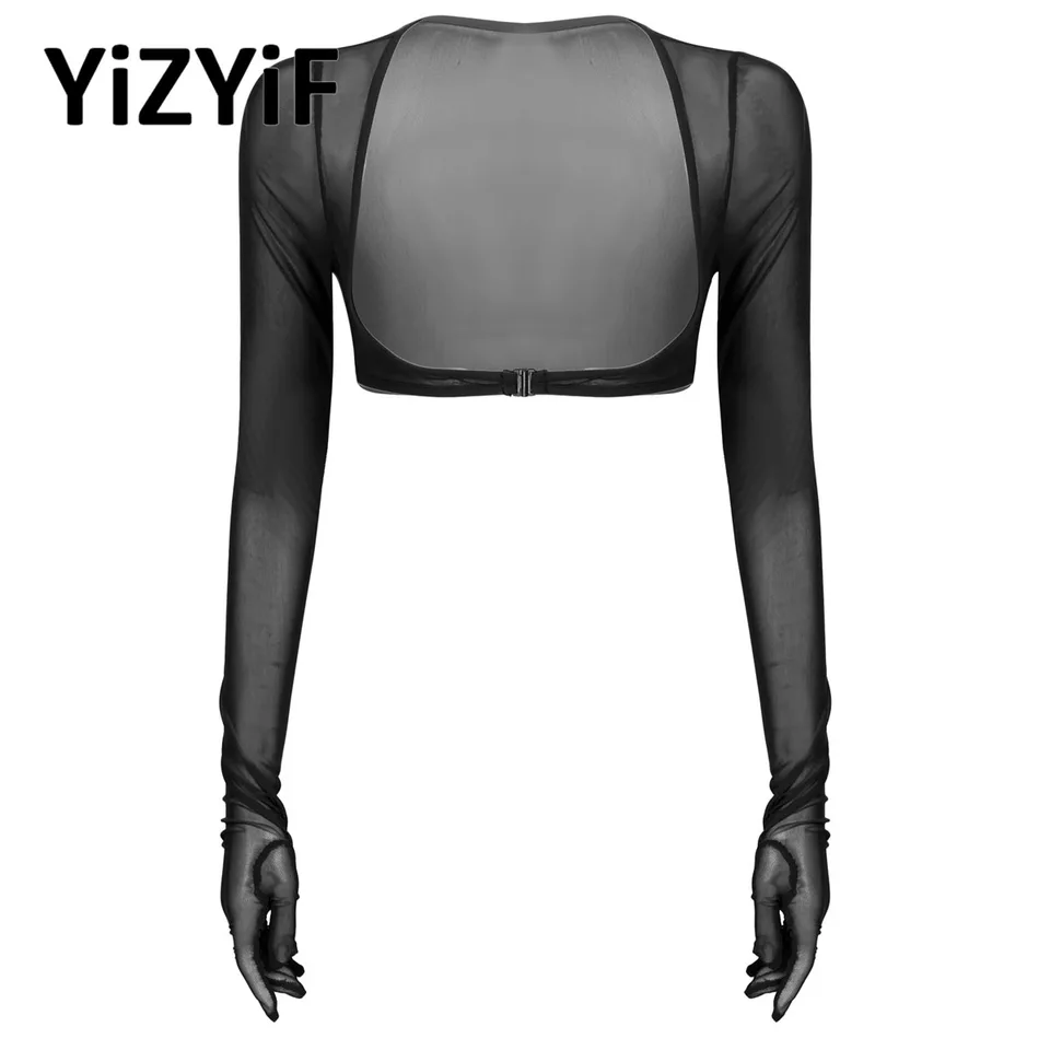 Ženy Sexy priehľadné sieťové rukavice vrcholy s dlhým rukávom Otvorená hrudník číry plodina Top Clubwear Dance Dance čierne priehľadné tričká