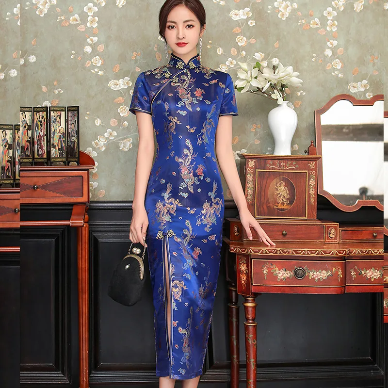 Ženy Sexy Qipao 2021 leto Nový krátky rukáv Čínsky štýl Saténové šaty Elegantné mandarínske obojky Cheongsam Vintage Vestidso