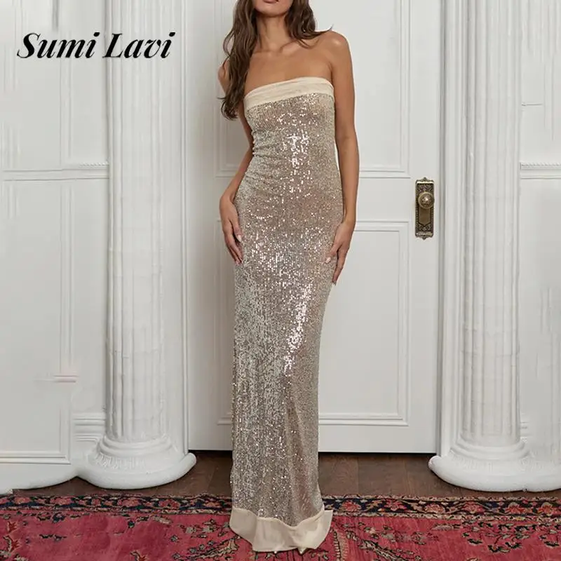 Ženy Sexy remienok bez rukávov bez rukávov Solidy Dlhé šaty móda Split Backless Club Party Dress Elegantné lesklé flitry Slim Evening Dress
