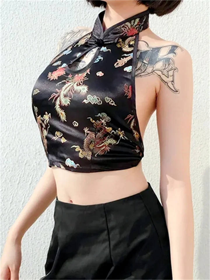 Ženy sexy retro vest Dragon tlačené bez rukávov bez rukávov Halter Tops Tops Fashion letný tank top elegantné košele ženské