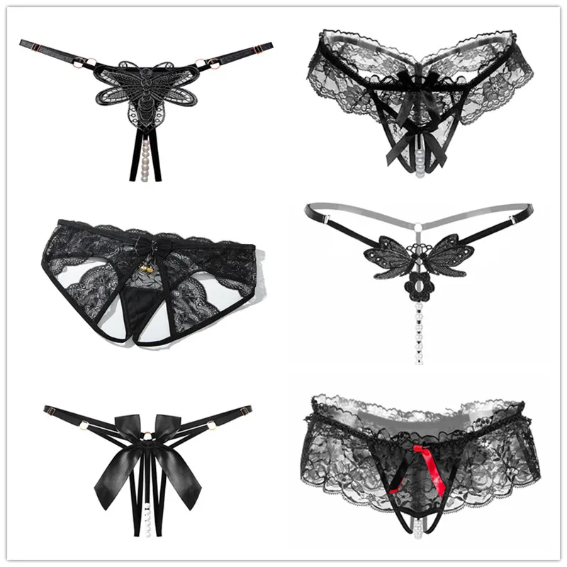 Ženy sexy spodná bielizeň čierna čipka Bowknot bez rozkrokov ženské nohavičky G-String
