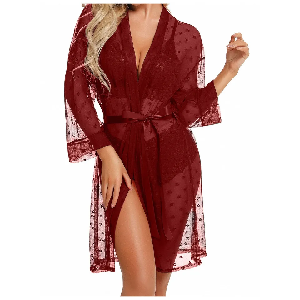 Ženy Sexy spodné prádlo set 3 kusové čipky kimono rúcho s podprsenkou a pančuchovými spánkovými oblečením sexy spodná bielizeň pre jemné ženy