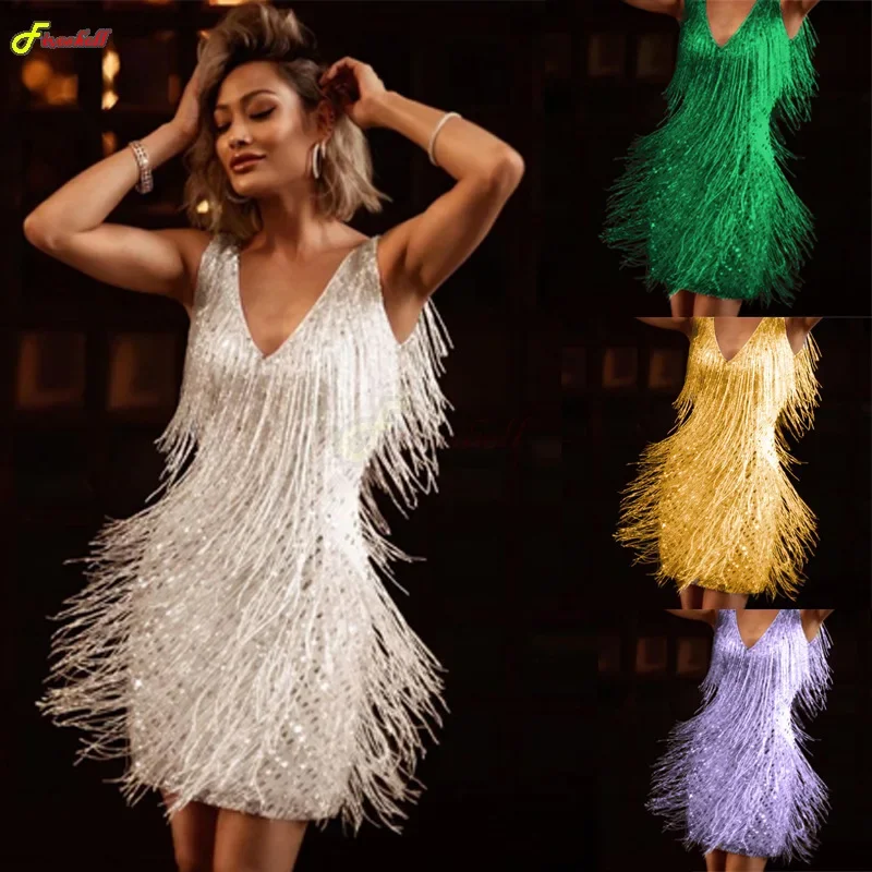 Ženy Sexy Tassel Dress v krku bez rukávov bez backle nočné šaty ples Samba Fringe Dance Flapper ceruzka mini cosplay šaty w w w w w w w w w w w w w w w w w w wit w