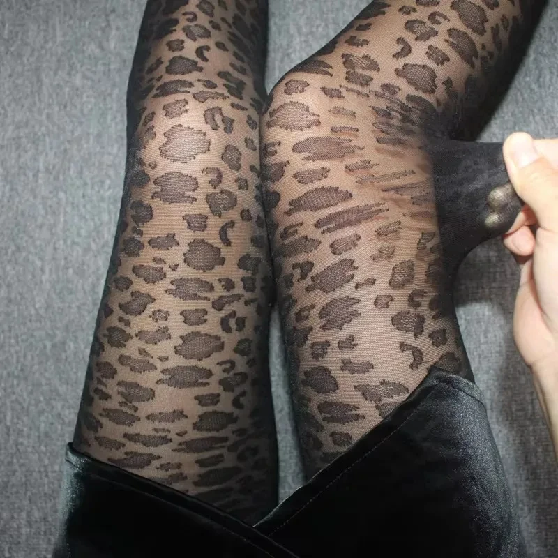 Ženy sexy tenké priehľadné hodvábne pančucháče gotické čierne sexy vintage leopard zvierací vzor číre pančucháče, plynulé pančuchy