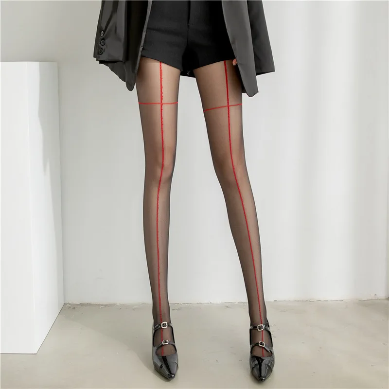 Ženy Sexy vertikálne pančucháče Female15d Elastic Silk Pantyhose Red + Line Long Socks Mesh Perspektíva Nové módne pančuchy