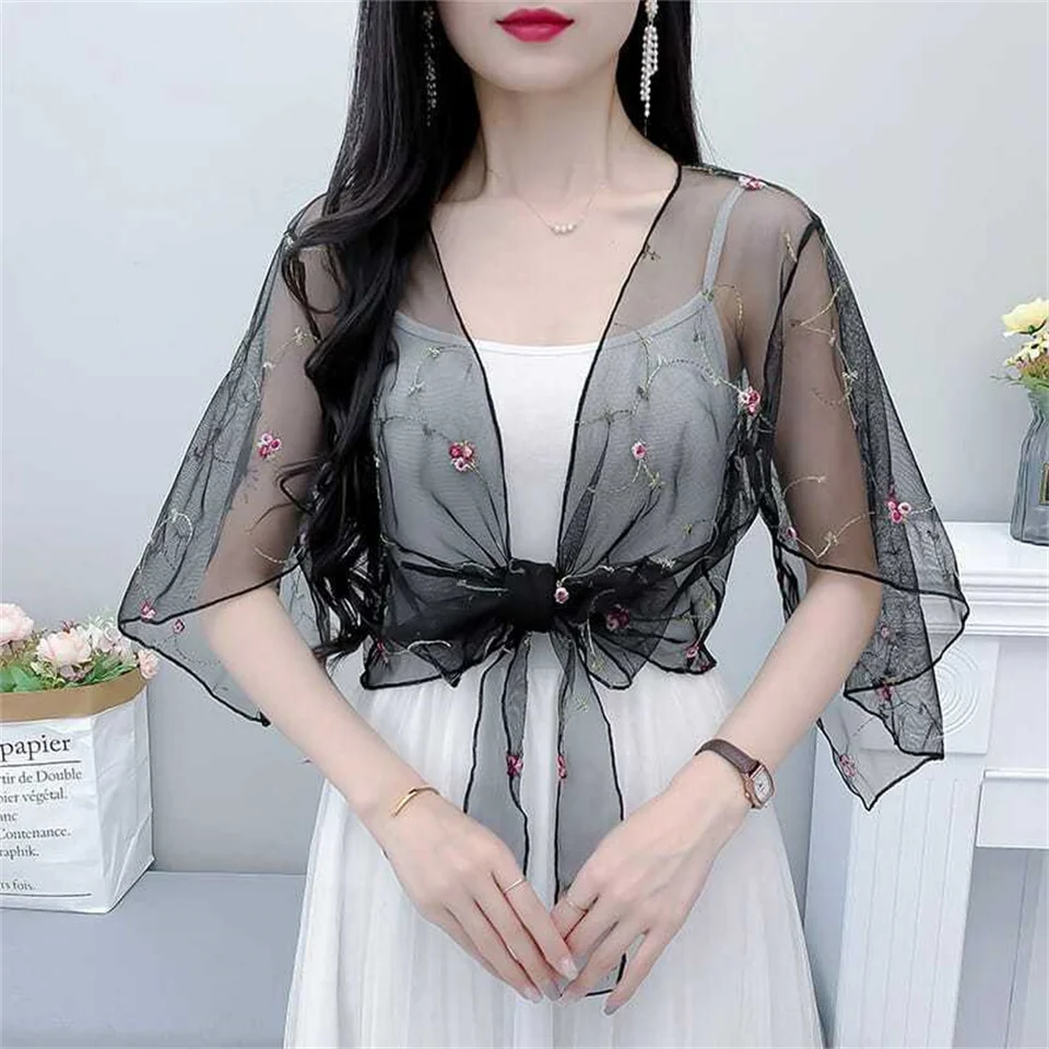 Ženy Sexy vidia cez vesty na polovičné rukávové čipky čipky Vintage vyšívané plodiny pleťov Tops Tops Streetwear Mardigans pokrčené plecami Zy8166