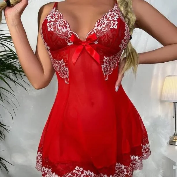 Ženy sexy červené camisole nočné košele Night-Cut Mesh Gázová nočná nočná nočná dreska Žena erotické luk slou šaty sex čipky duté spodné prádlo zadarmo tangé zadarmo