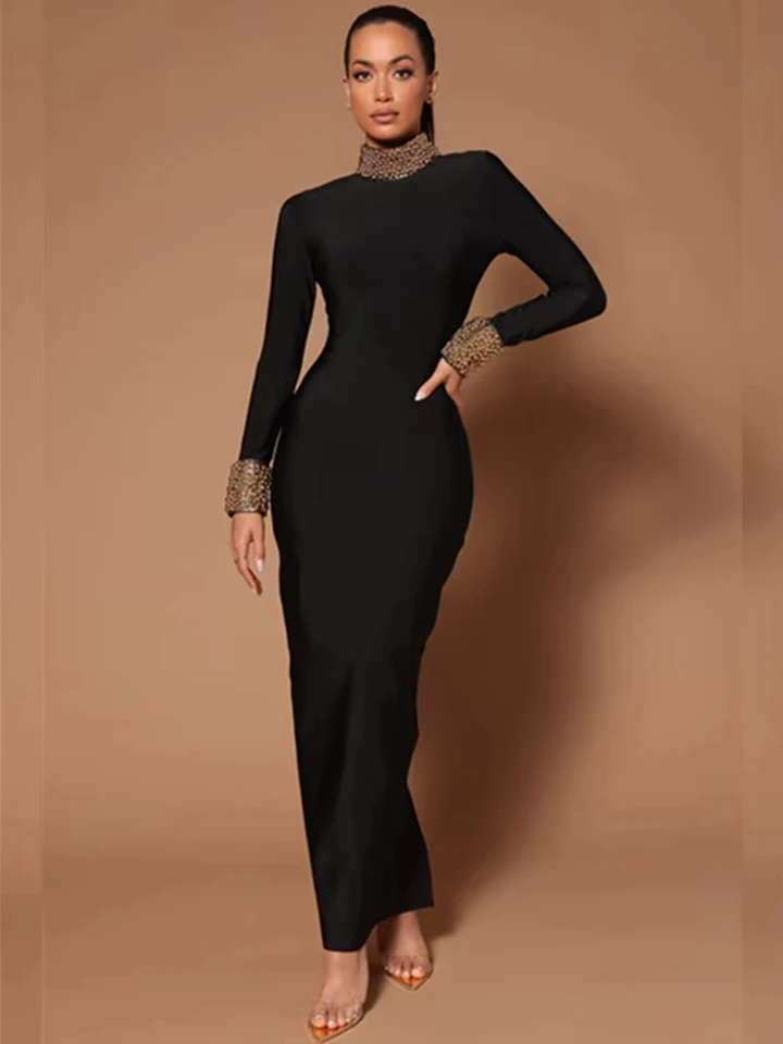 Ženy sexy čierne bandáž elegantné párty šaty zlaté perly luxusné backless sviaty šaty narodeniny oslavovať fotenie