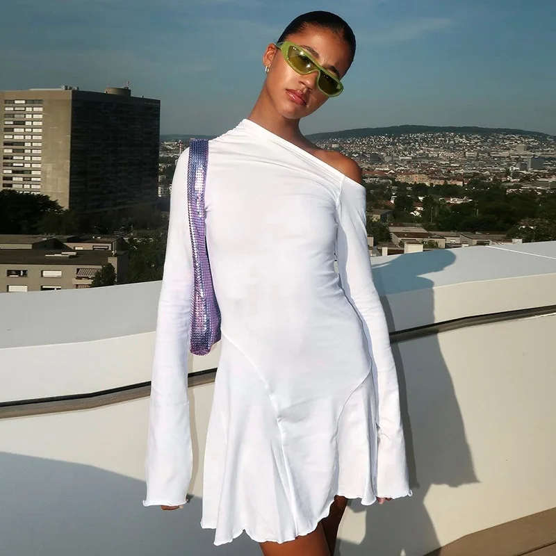 Ženy Sexy čln s krkmi bez záblesku mriežky Mini šaty Slid Slim Fit Bell s dlhým rukávom Self Tary chrbte dozadu číre krátke šaty