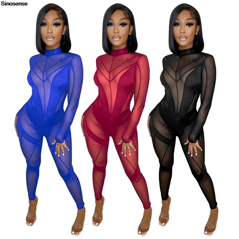 Ženy Sexy číry mriežkový patchwork kombinézy Pozrite sa cez Long Ruckve Mock Brck One Piece Bodycon Romper Night Club Party Outfits