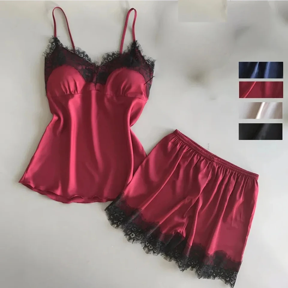 Ženy sexy ľadový hodvábny postroj pyžama oblečenie módne v krku s natiahnutím saténového čipky babydoll-lace hodvábne spodné prádlo pyžamy spánok