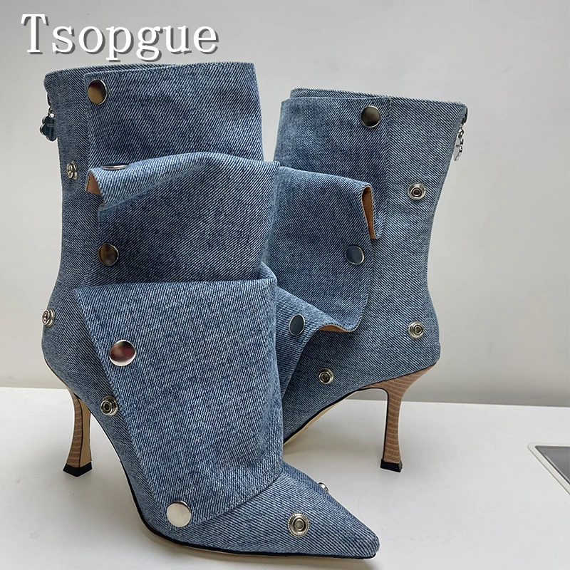 Ženy Sexy špicaté špicaté topánky päty topánky úplne nové kovové nity dekorácie skladané módne jar jesenné zimné stredné topánky