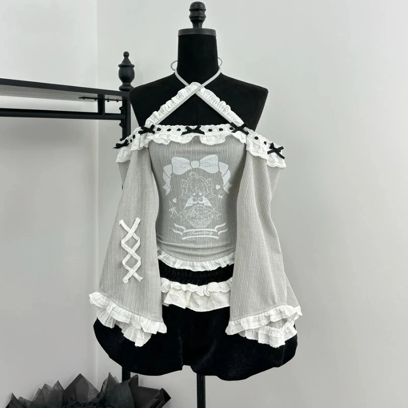 Ženy sladké luk tlač vinobranie šortky v štýle Lolita 2 kusy z ramena s dlhým rukávom najvyšší pás krátky oblek y2k roztomilý outfit
