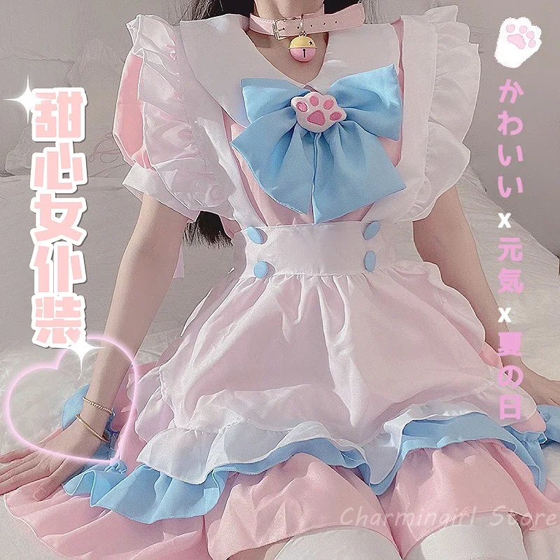 Ženy slúžka outfit cosplay anime lolita kostým roztomilý mačka ružová modrá čipk