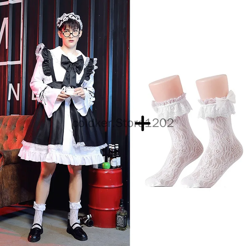 Ženy slúžka outfit lolita cosplay čierne biele muži Uniforma zástera šaty roztomilé lukknot zábava slúžka oblečenie pre mužov
