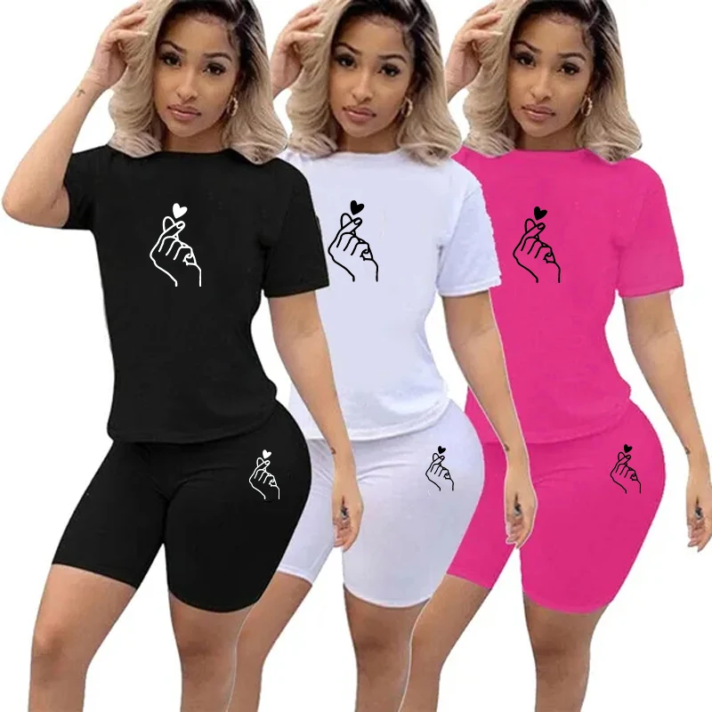 Ženy Solid Sporting Two -Piece Set krátke rukávy TEE Top cyklista Retro kraťas