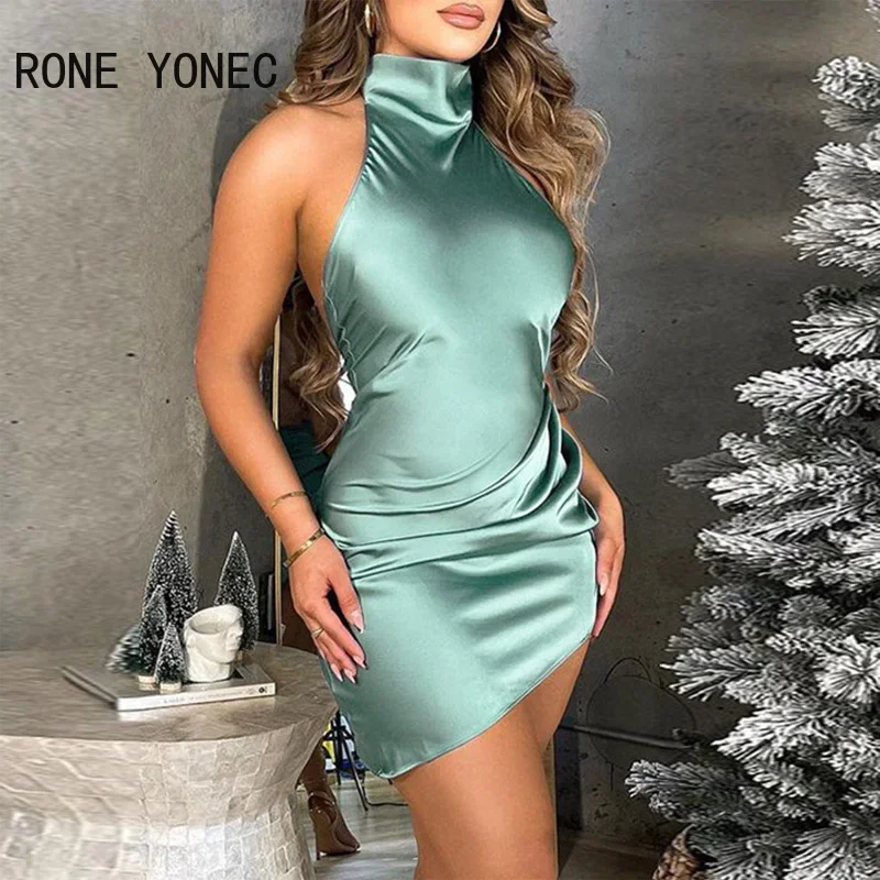 Ženy Solidy Sexy Halter Bez rukávov Mini sexy saténové šaty s backless párty