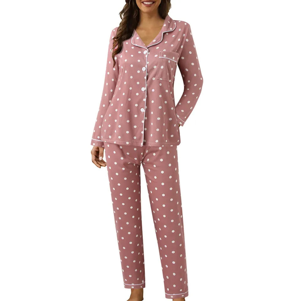 Ženy Spring Autumn Sleewear 2 -Piece Set Polka Dot s dlhým rukávom klošné gombíky hore košele+voľné príležitostné pyžamové nohavice Homewear