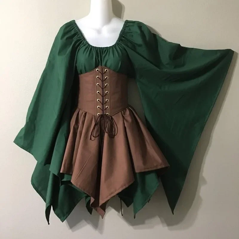 Ženy Stredoveké škriatkové víla Elven Cosplay kostým wench keltská princezná formálne šaty s vysokým pásom sukne sukne Cincher Top korzet