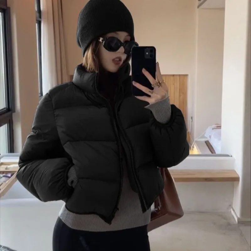 Ženy Streetwear Autumn Winter Cropped bundy teplé parky krátky kabát s dlhým rukávom zips nafúknuté bunda vintage vrcholy oblečenie nové