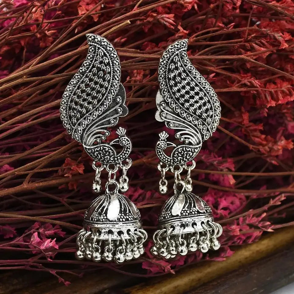 Ženy strieborné páv Pesné indické šperky cigánske vinobranie etnické boho kmeňa Bell Bell Tassel Drop náušnice jhumka náušnice šperky