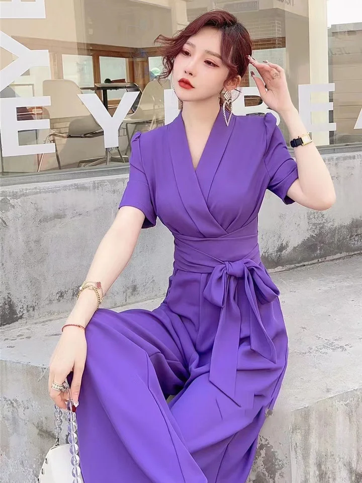 Ženy Summer V-krk sexy kombinézy solídne elegantné elegantné kombinézy so širokouhlými nohavicami s dlhými nohavicami Dámske dámske oblečenie
