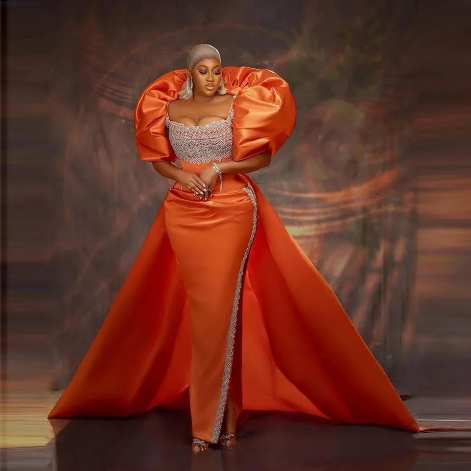 Ženy Svadobná hostina oranžová oranžová plus veľkosť večerné šaty Mermaid Prom Dresafrican High Strlit Puffy Ramery Ruaves.