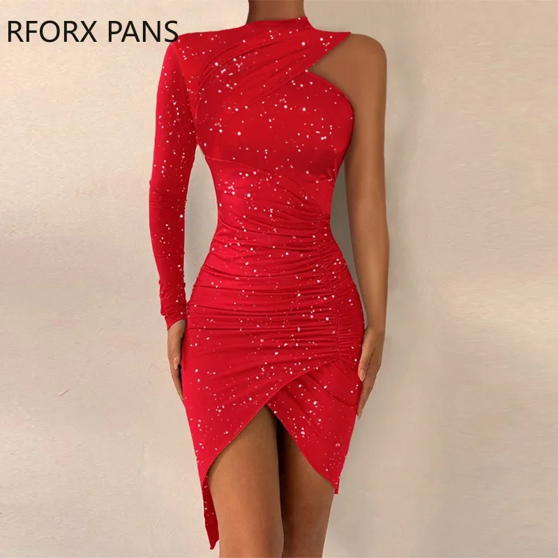 Ženy trblietajú očarujúce jedno rameno asymetrické vysoké bahno Bodycon midi sexy formálne večierky červené šaty