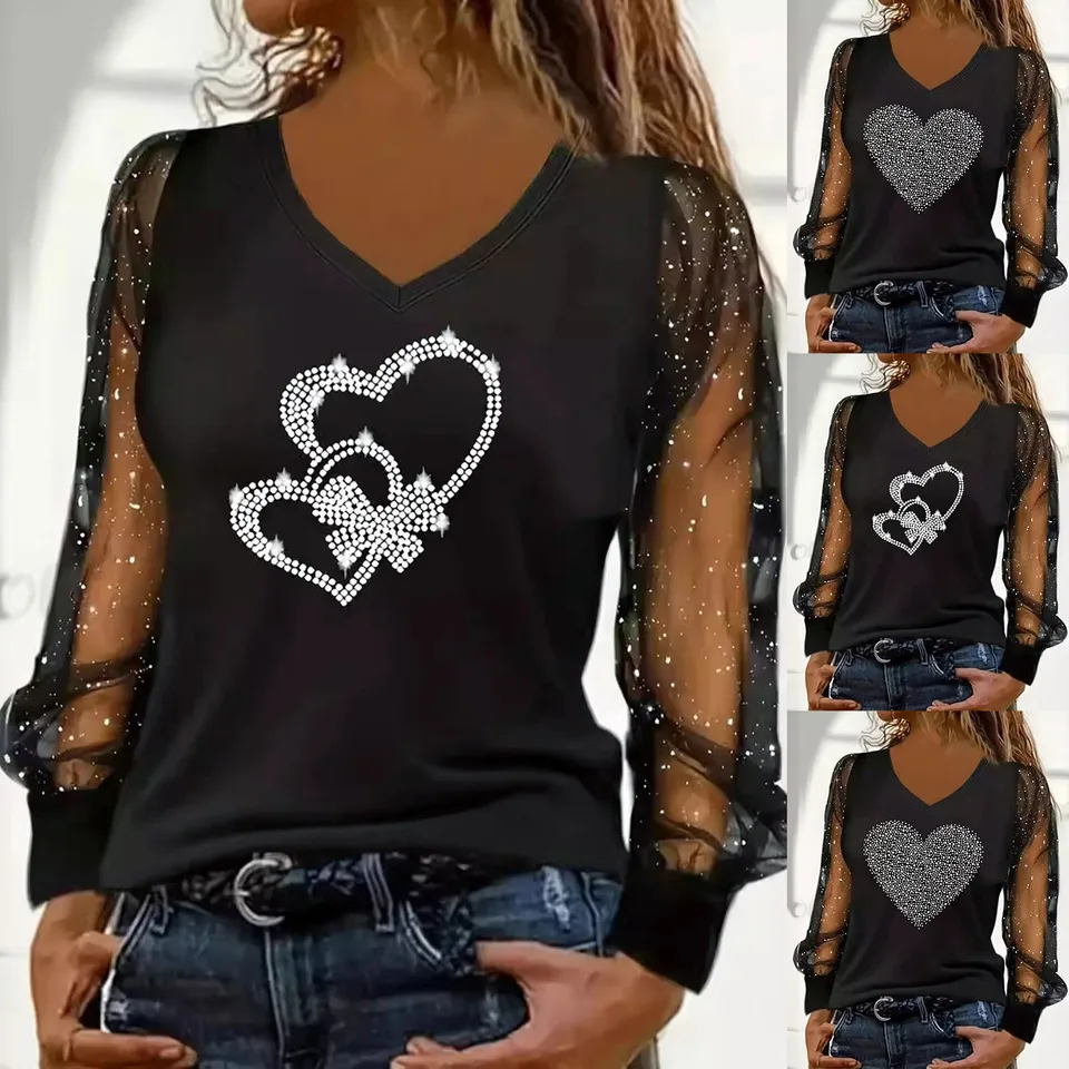 Ženy trblietavý kamienok Decorácie blúzka vrcholy elegantné dámske blúzky V-krk číry mriežku zostrihajúca s dlhým rukávom Top Blusas