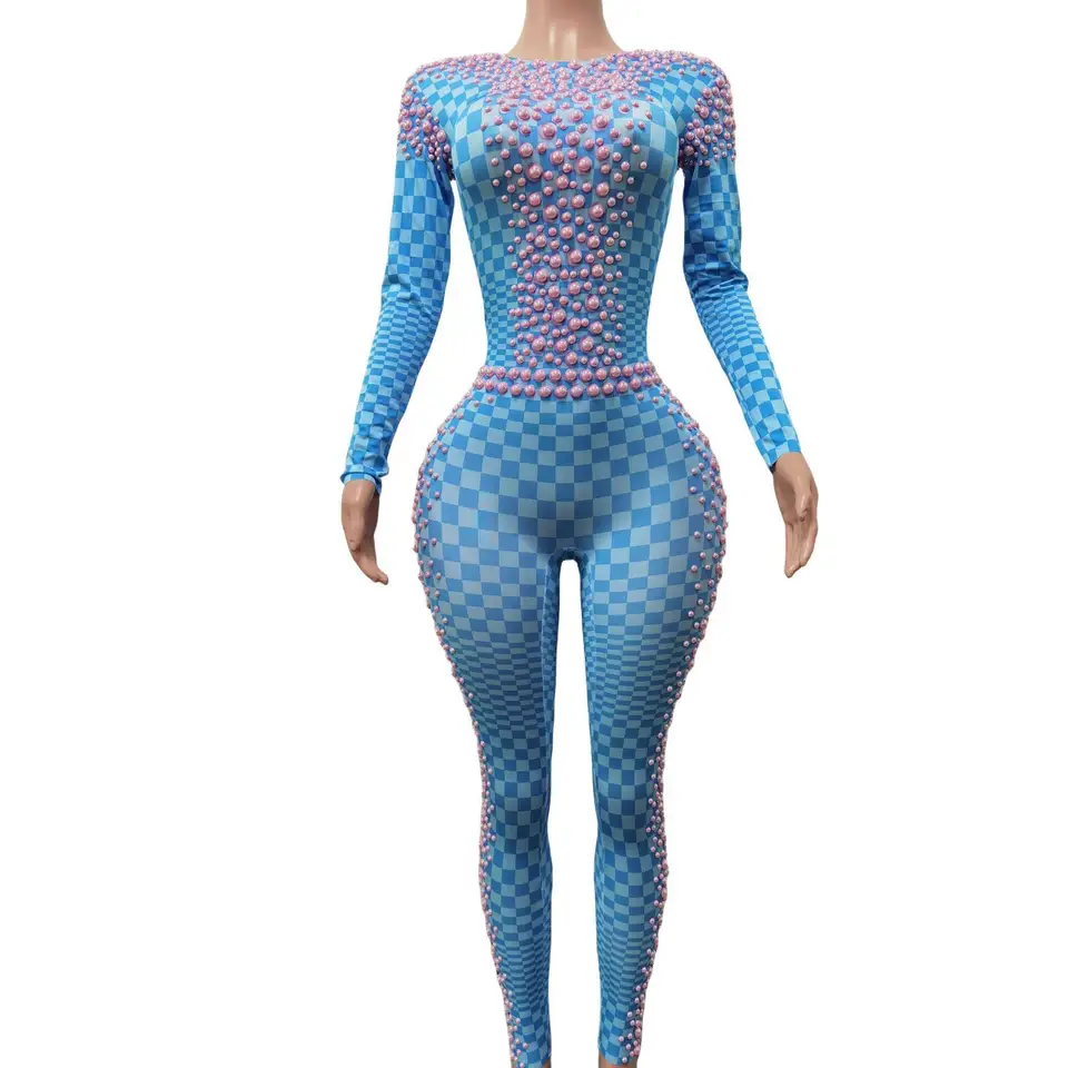 Ženy trikoty ružové perly natiahnuté Skinny modrá kombinéza nočný klub Ženský kostým dj speváčka pódium Wear Sexy Dance Rompers Fenlan