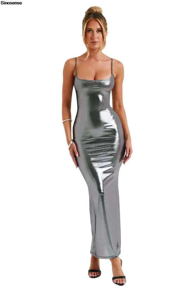 Ženy trochu vidia cez lesklé kovové maxi šaty maxi sexy bez rukávov bez bazénových špaghetov remienok Bodycon Night Club Party Dress