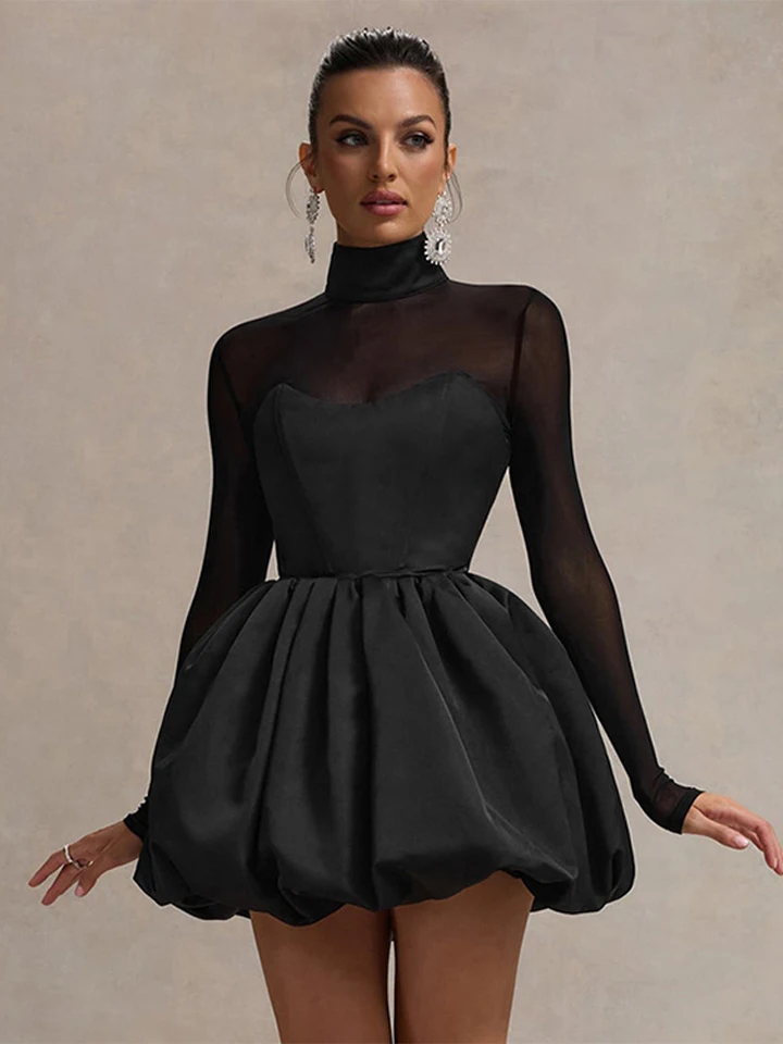 Ženy Turtleneck Full Ruaves Slim A-Line Mini Šaty Sexy priehľadné šaty Žena 2024 Jeseň móda High Street Lady Rúch