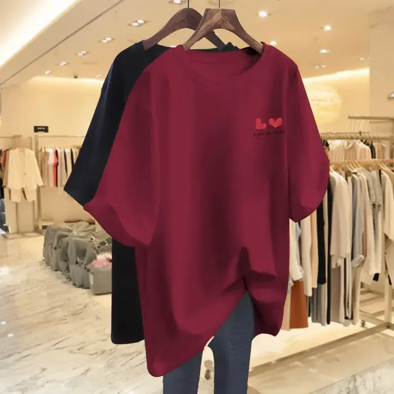 Ženy uvoľnené príležitostné základné tričko Summer s krátkym rukávom Pure Cotton Pohodlné vrchné odpaliská milujú tlačené pulóver