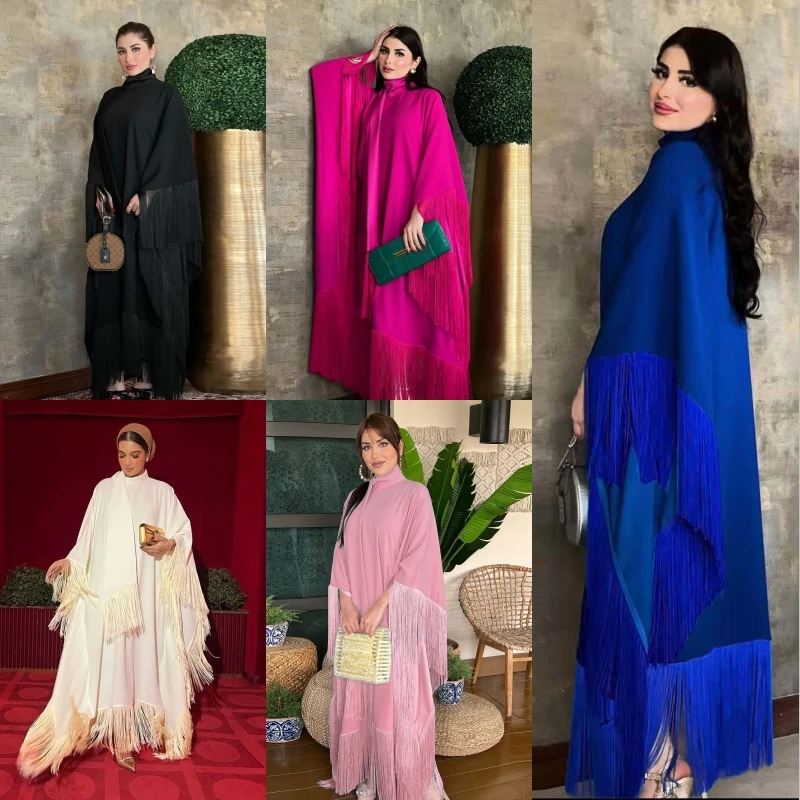 Ženy uvoľnené šaty strapce Muslim Stredný východ abaya šál arabský farebný kaftan islamský burqa s dlhým rukávom burqa s dlhým rukávom
